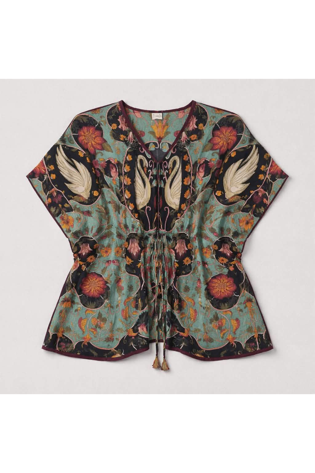 Boho Kimono met Zwanenprint & Pareldetails