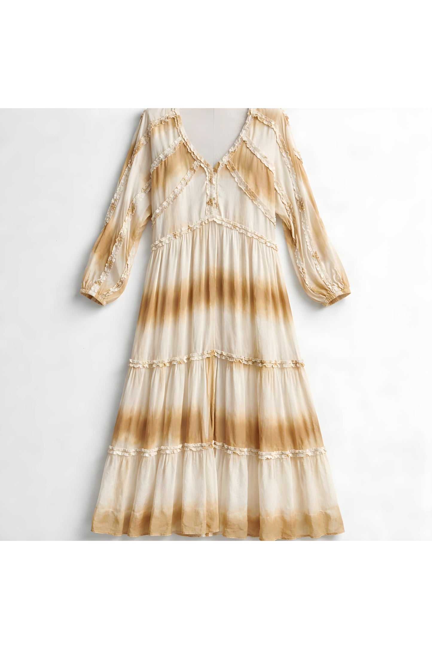 Maxi-jurk met pofmouwen en ruches camel