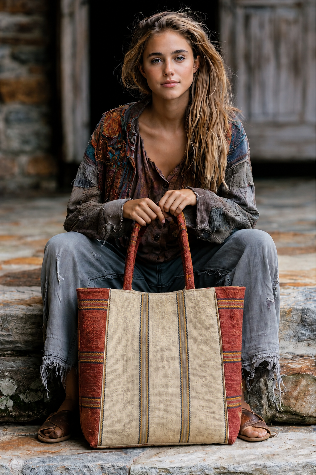 Jute Shopper India – Beige & Terracotta