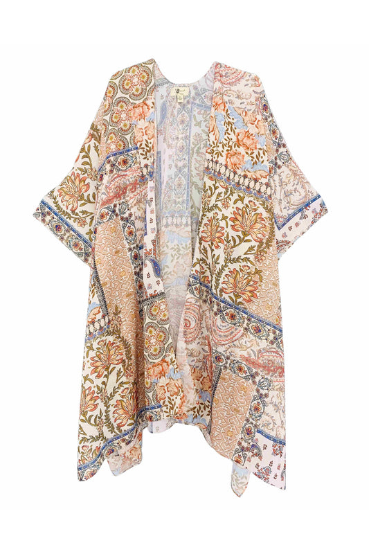 Beige kimono/cover up met bloemenprint en patchwork
