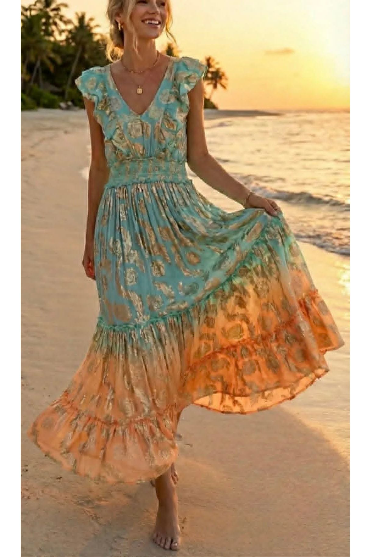 Lurex maxi jurk met smokwerk turquoise