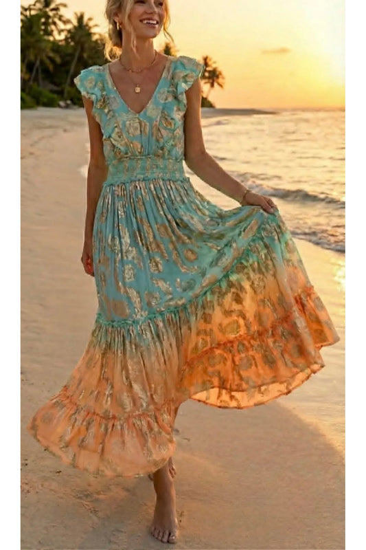 Lurex maxi jurk met smokwerk turquoise