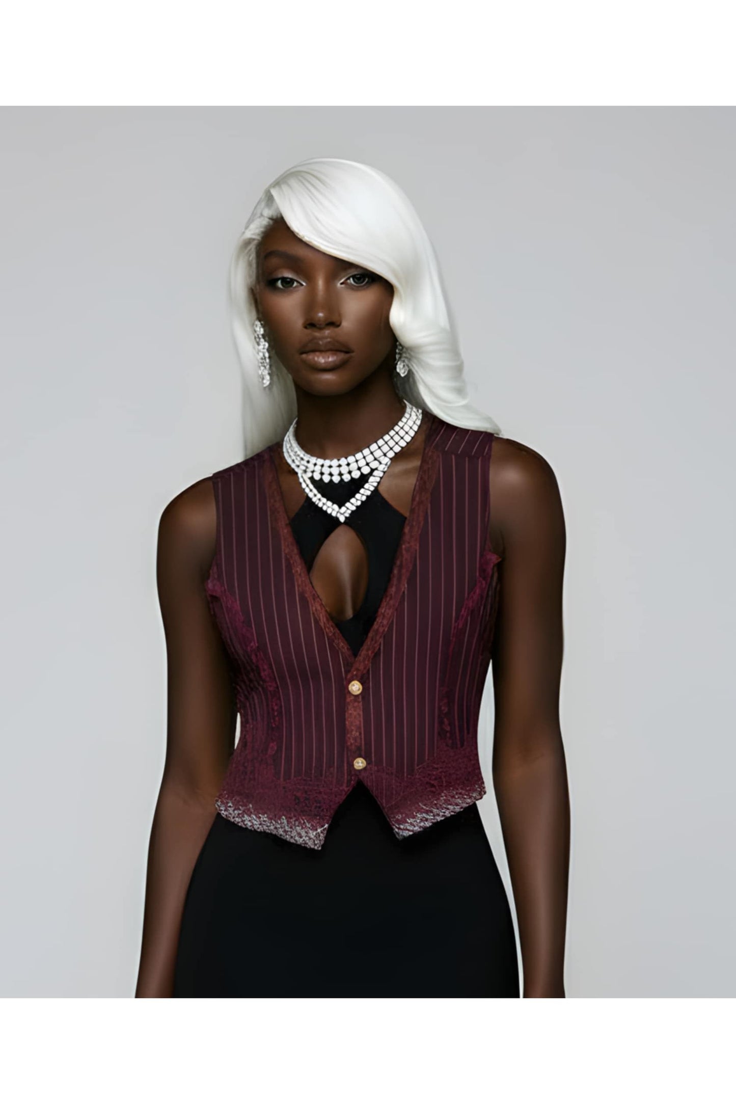 Gestreepte Gilet met Kant & Vintage Knopen Bordeaux