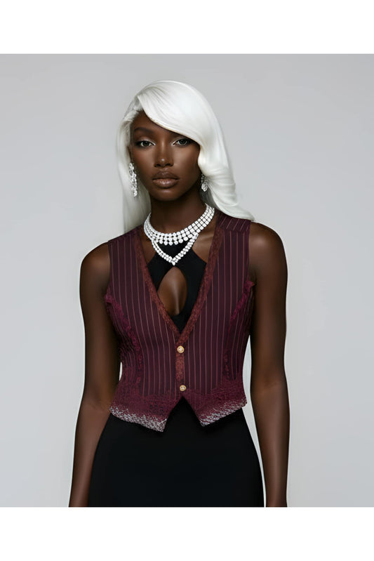 Gestreepte Gilet met Kant & Vintage Knopen Bordeaux