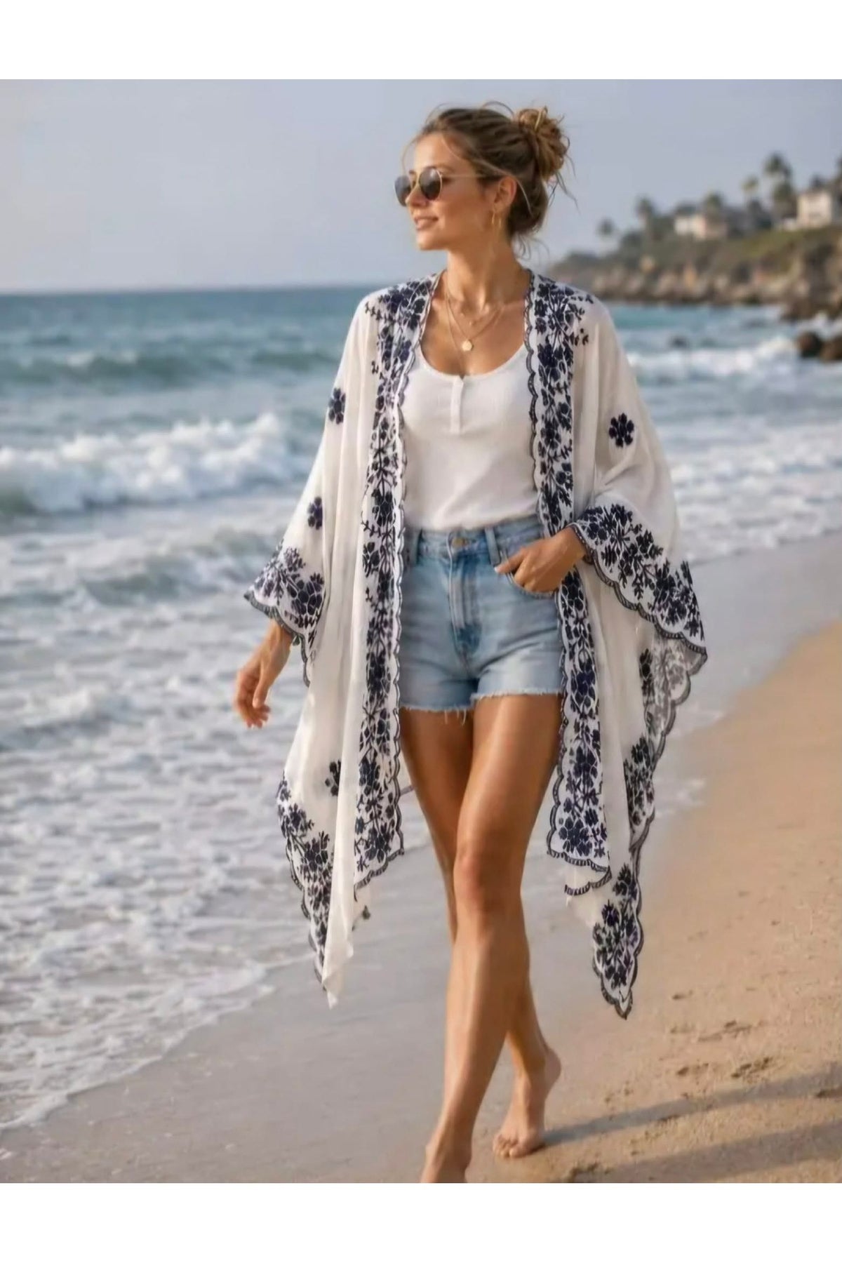Boho Kimono Nomad wit/donkerblauw
