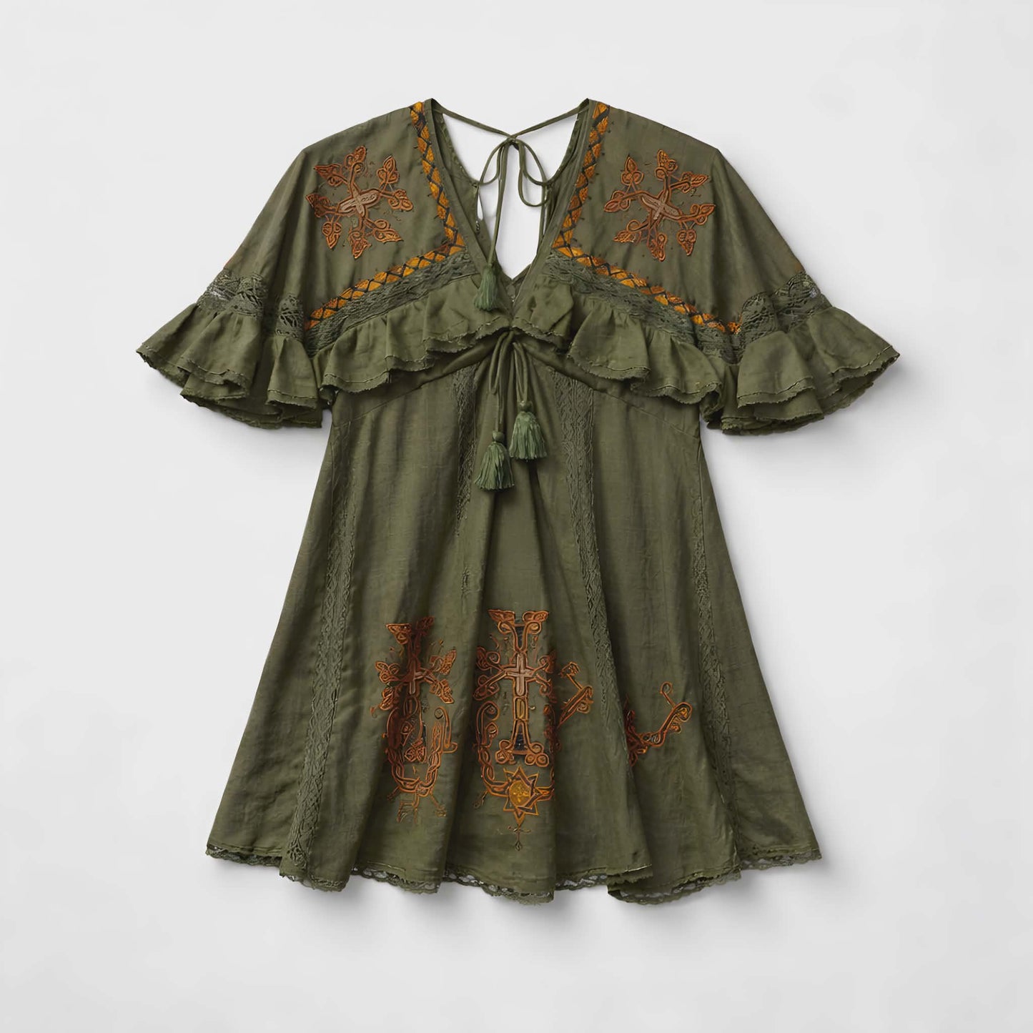Boho jurk in kaki met borduursels en franjes