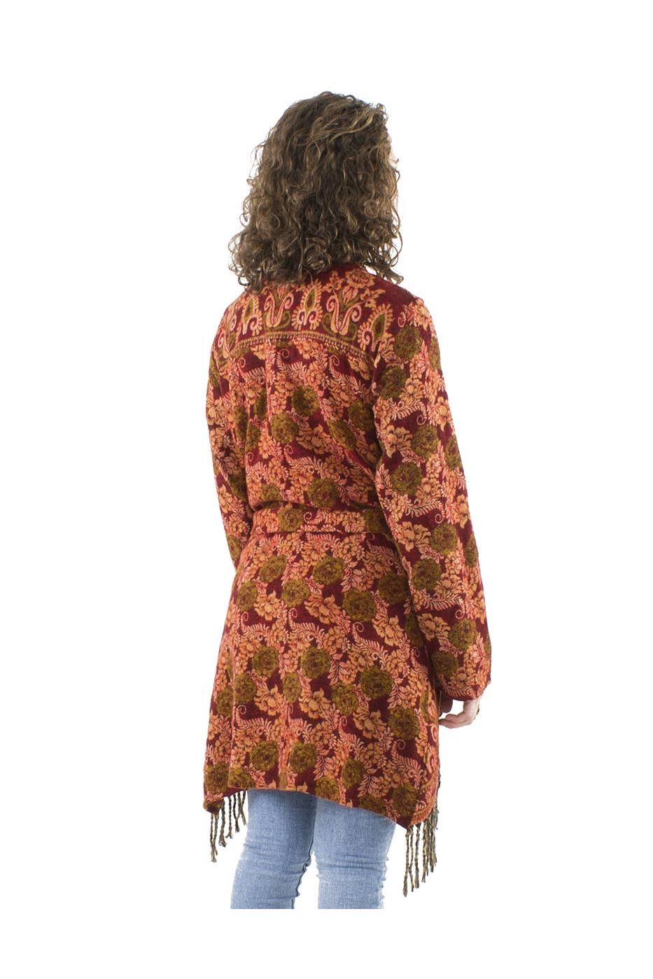 Jacquard Boho Gilet met Franjes Bordeaux