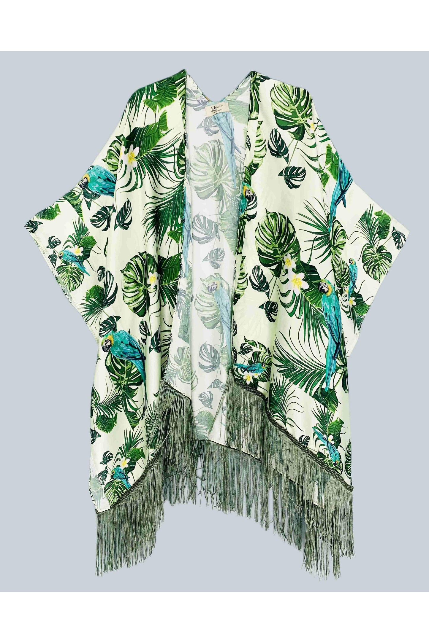 Groen-groenblauwe kimono met tropische vogels en bladeren