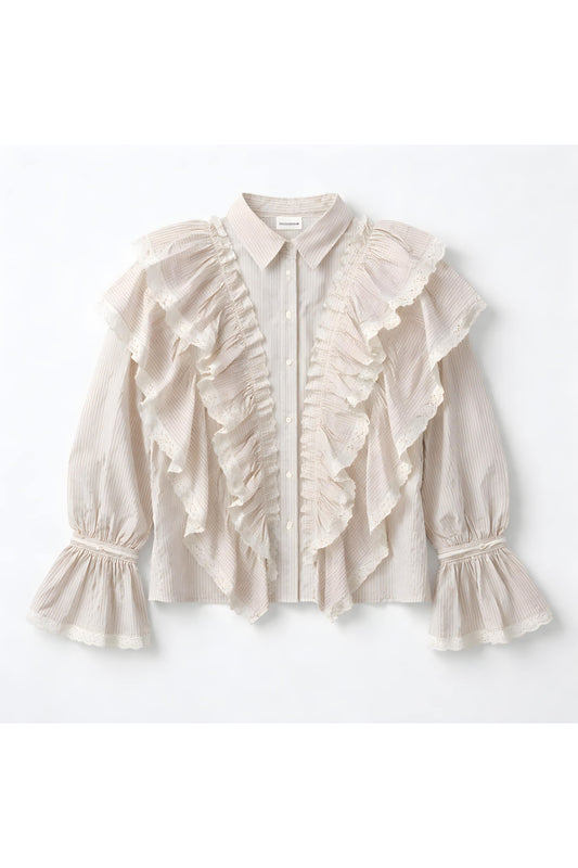 Striped ruffle blouse with broderie beige