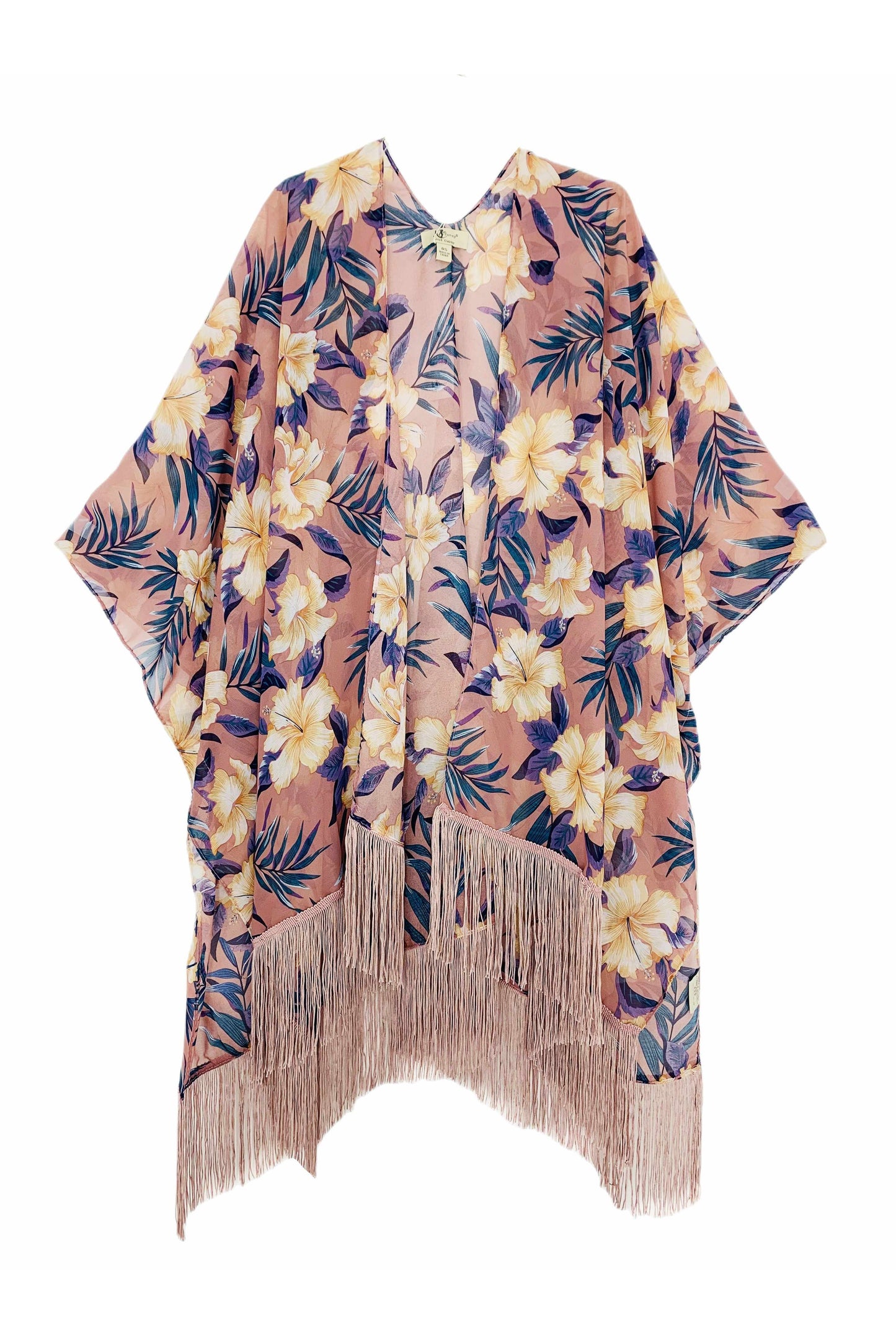 Lange Franje Chiffon Kimono-Karamel Tropisch