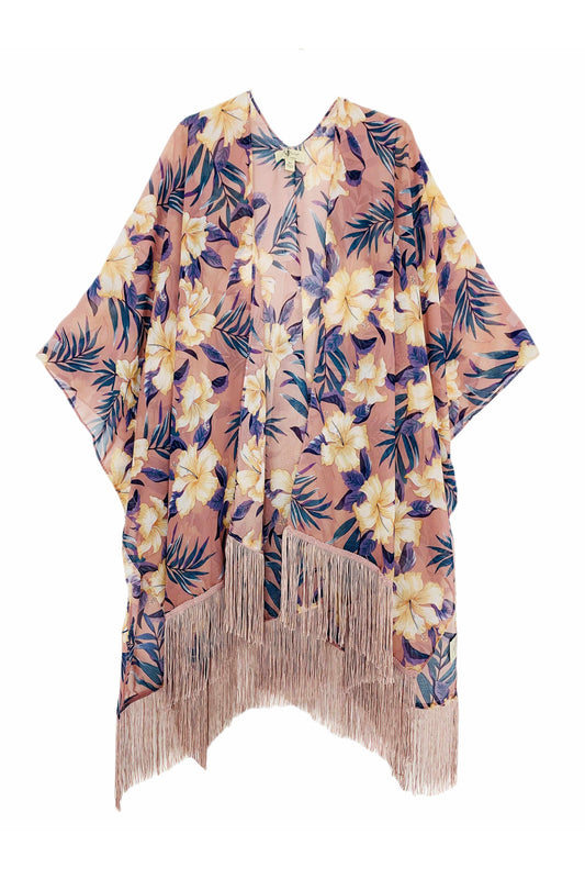 Lange Franje Chiffon Kimono-Karamel Tropisch