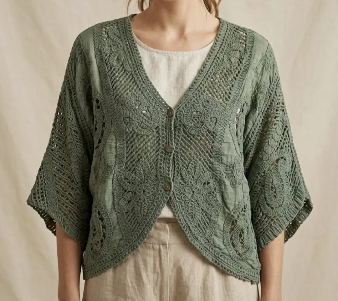 Boho Crochet Gilet Kaki