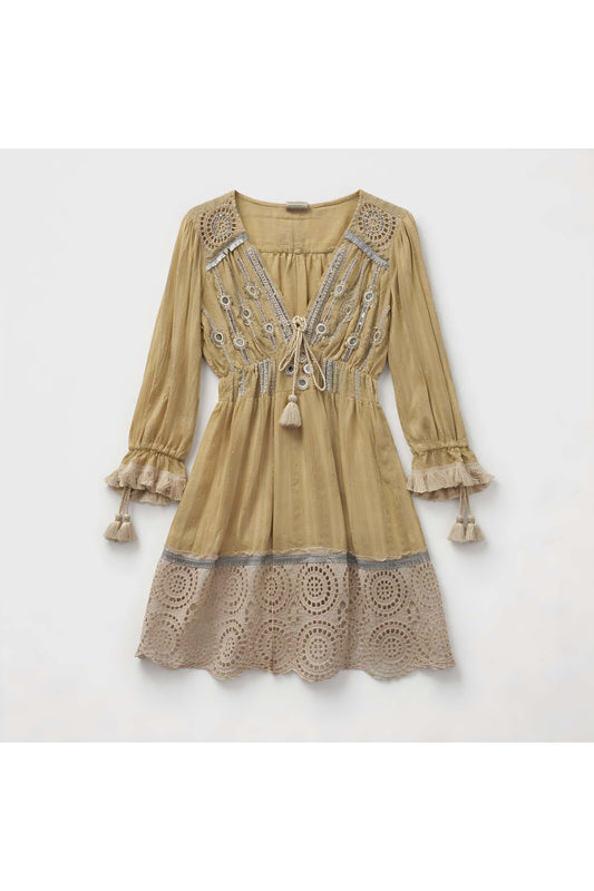 Boho Lace Detail Dress Beige Kort