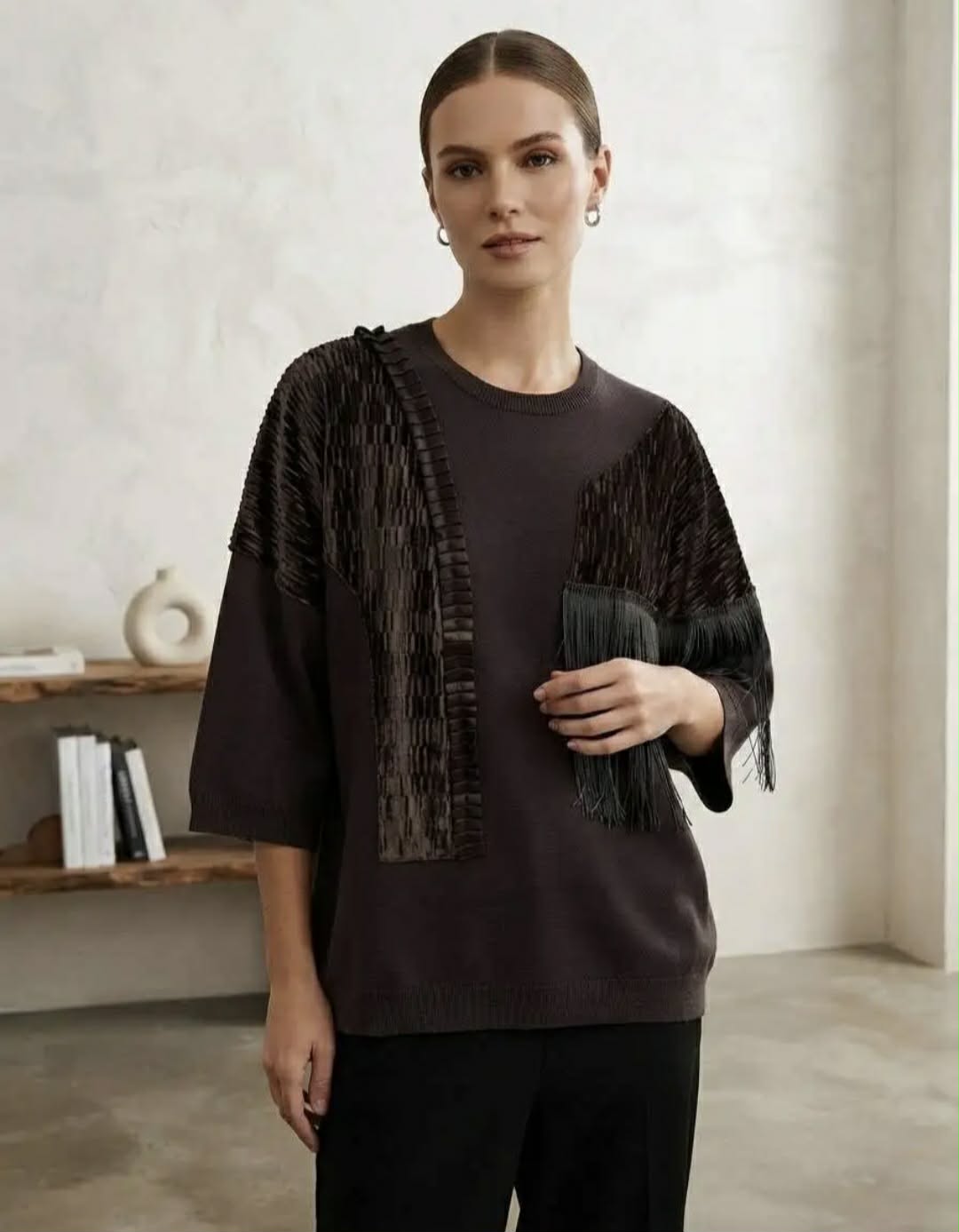 Boho Knit met Velours & Franjes Bruin