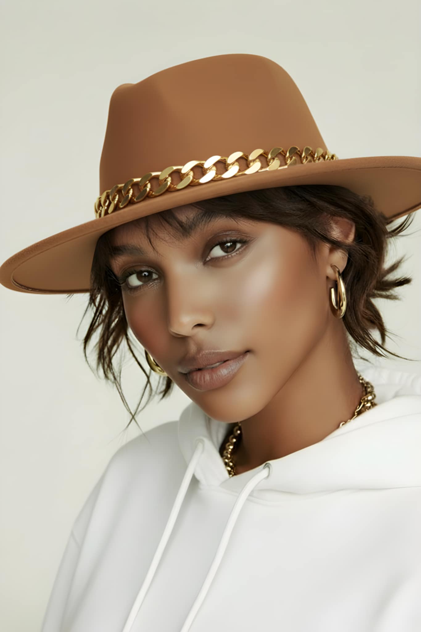 Hoed camel met goude schakel