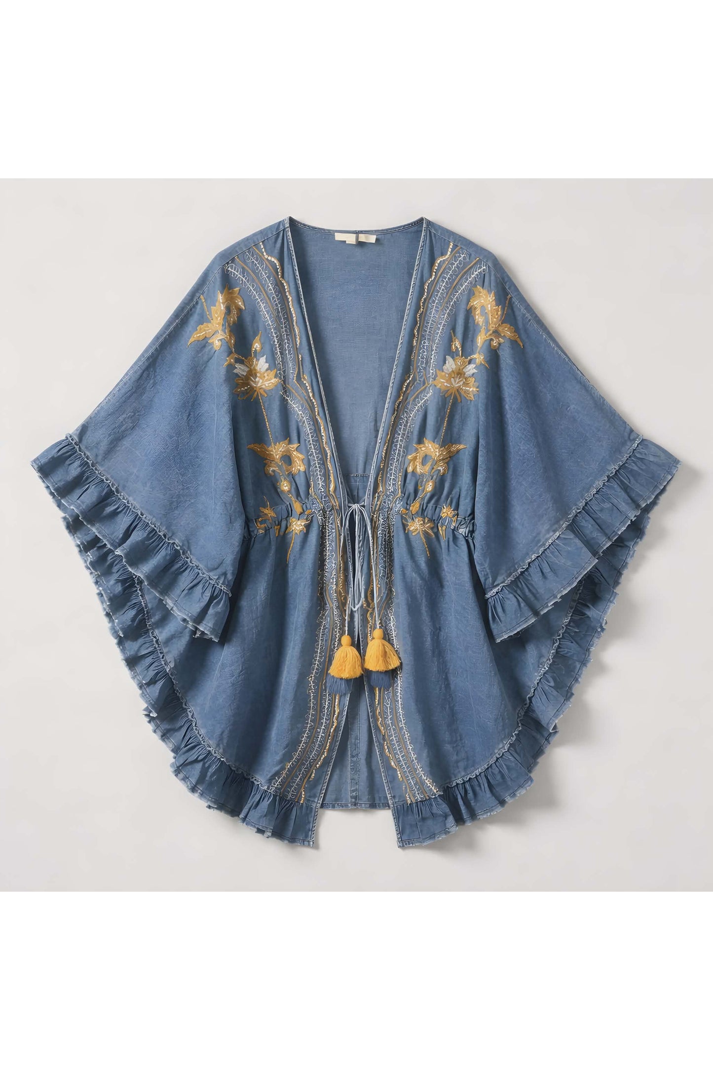 Denim kimono geborduurd met parels