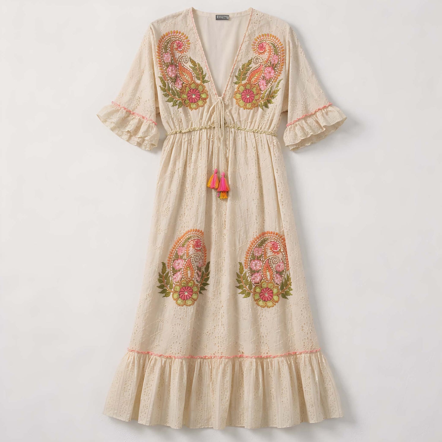 Boho maxi jurk met kleurrijke borduursels