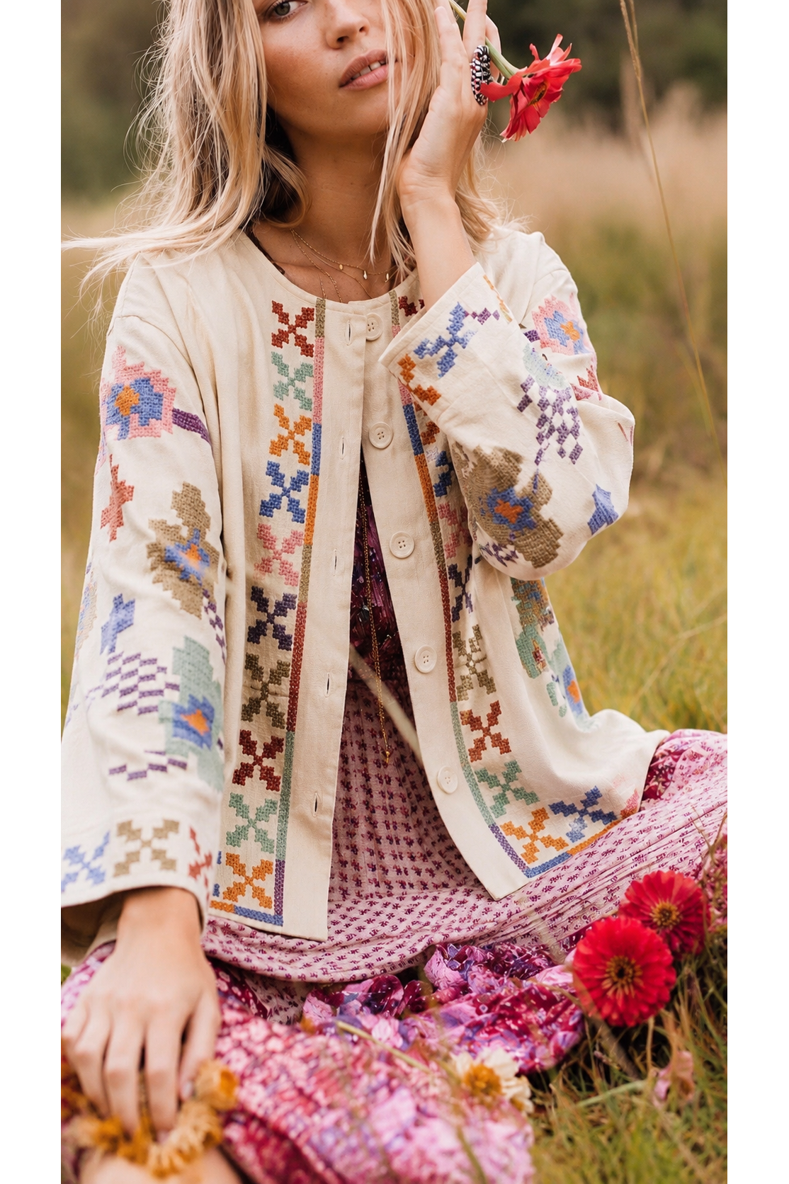 Boho Embroidery Jacket Off White