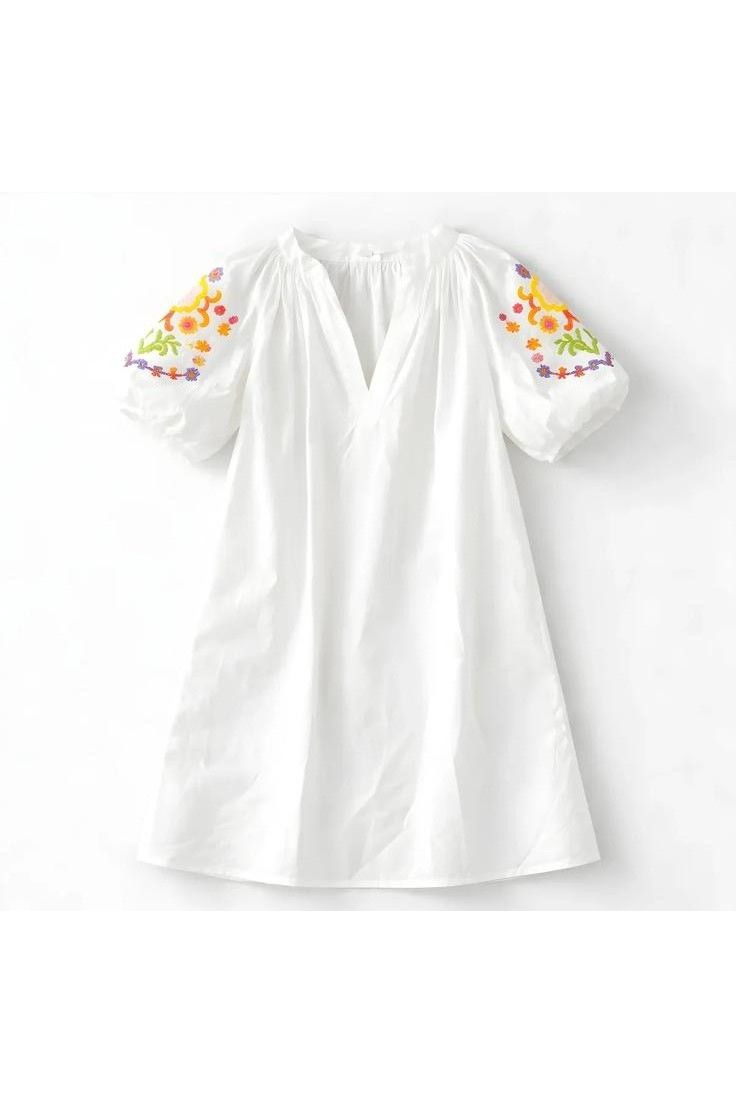 Cotton Jurk Met Geborduurde Balloonmouwen