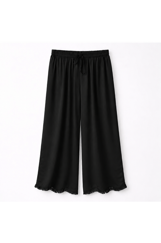 Satijnen broek met franjes Zwart