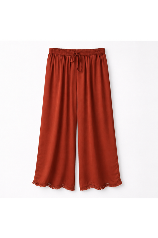 Satijnen broek met fransjes Roest