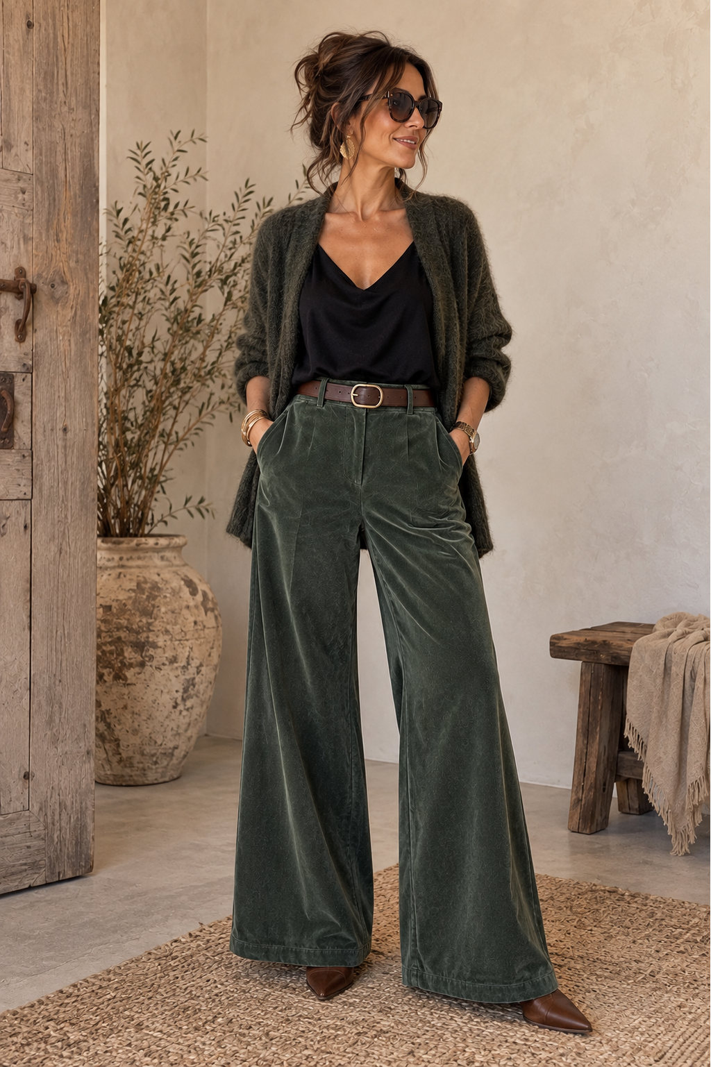Velvet Broek met Riem Groen