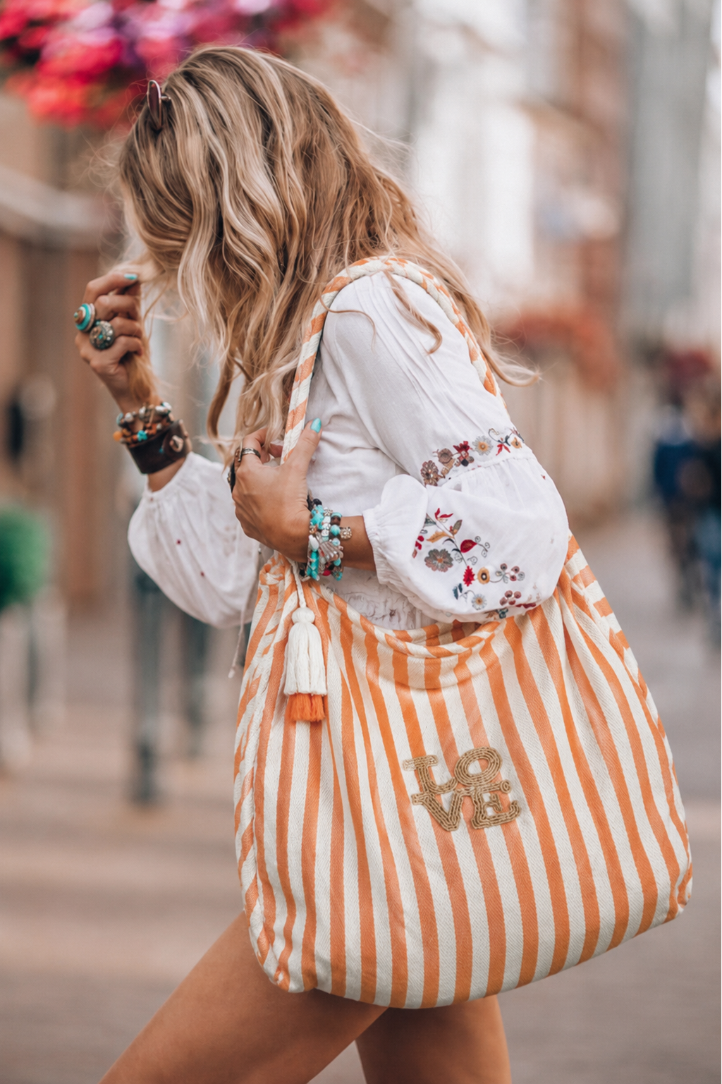 Love Gestreepte Shopper Oranje/Wit