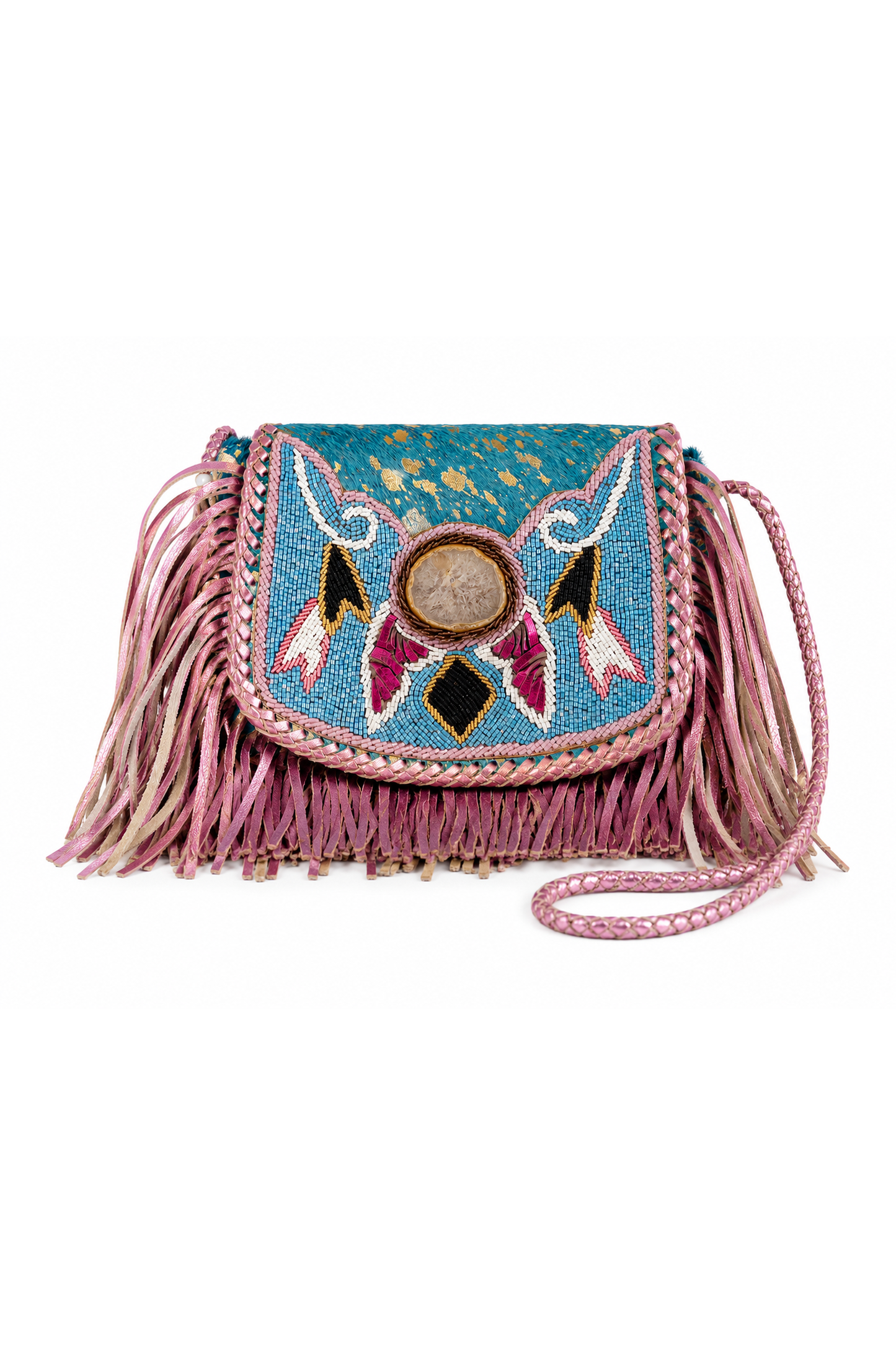 Boho lederen handtas turquoise met agaatsteen