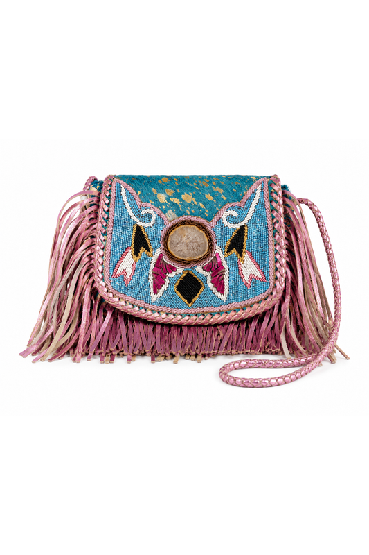 Boho lederen handtas turquoise met agaatsteen