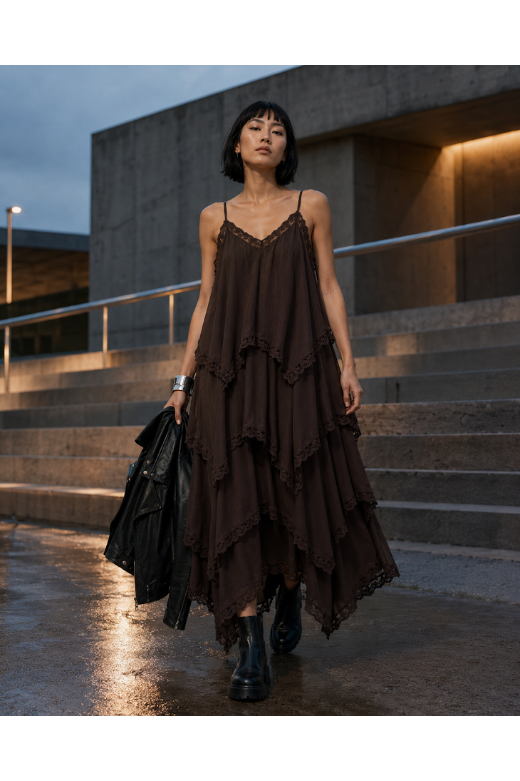 Boho Lace Layers Dress Coffee