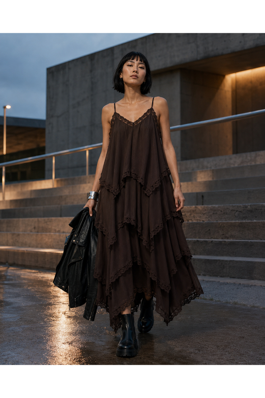 Boho Lace Layers Dress Coffee
