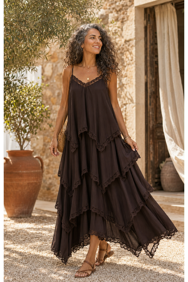 Boho Lace Layers Dress Coffee