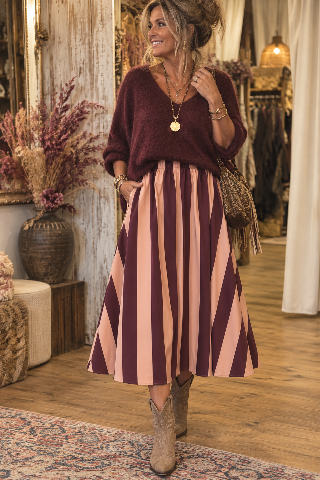 Stripe Midi Rok met Zakken Roze