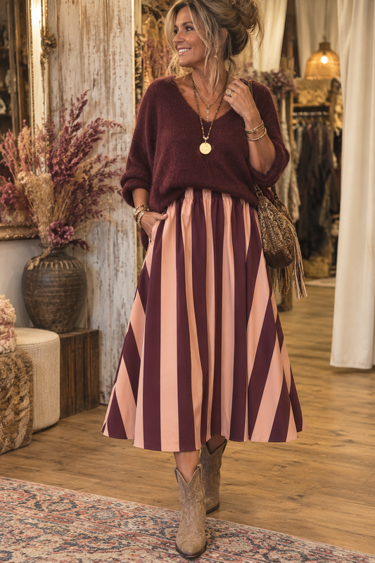Stripe Midi Rok met Zakken Roze