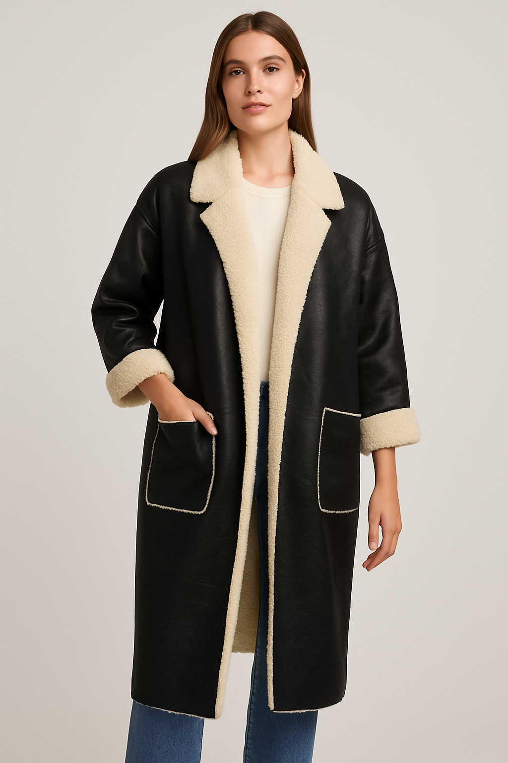 Lange Teddy Mantel in Kunstsuède Zwart