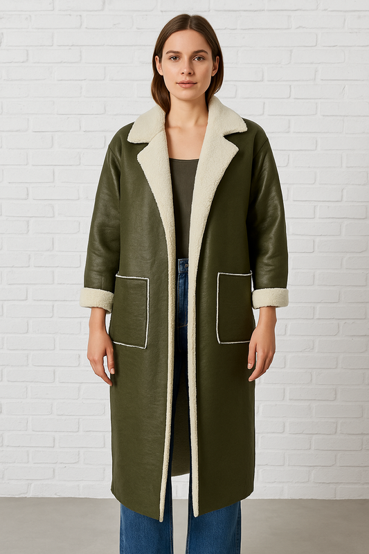 Lange Kaki Mantel in Nepsuède met Teddyvoering