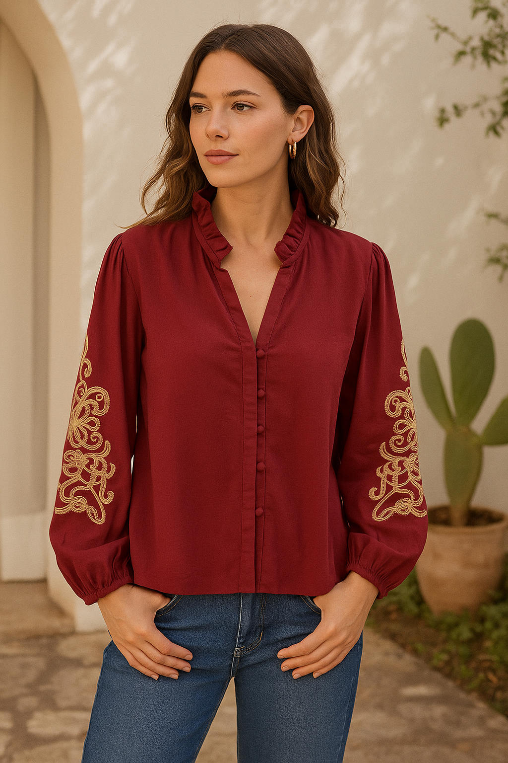 Wijnrode Blouse met Borduursel