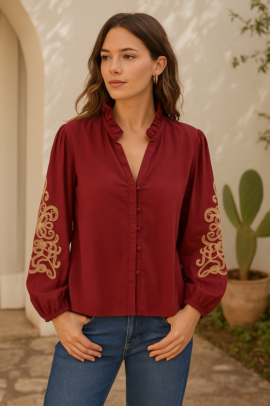 Wijnrode Blouse met Borduursel
