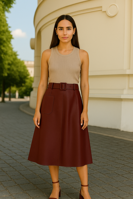 Midi-rok in bordeaux imitatieleer met riem & zakdetails