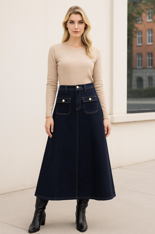 Wijde denim stretch rok met zakken