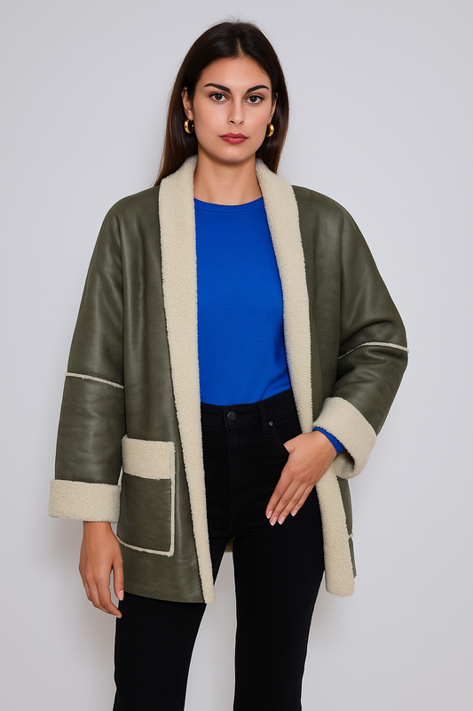 Oversized jas in kaki kunstsuède met teddyvoering