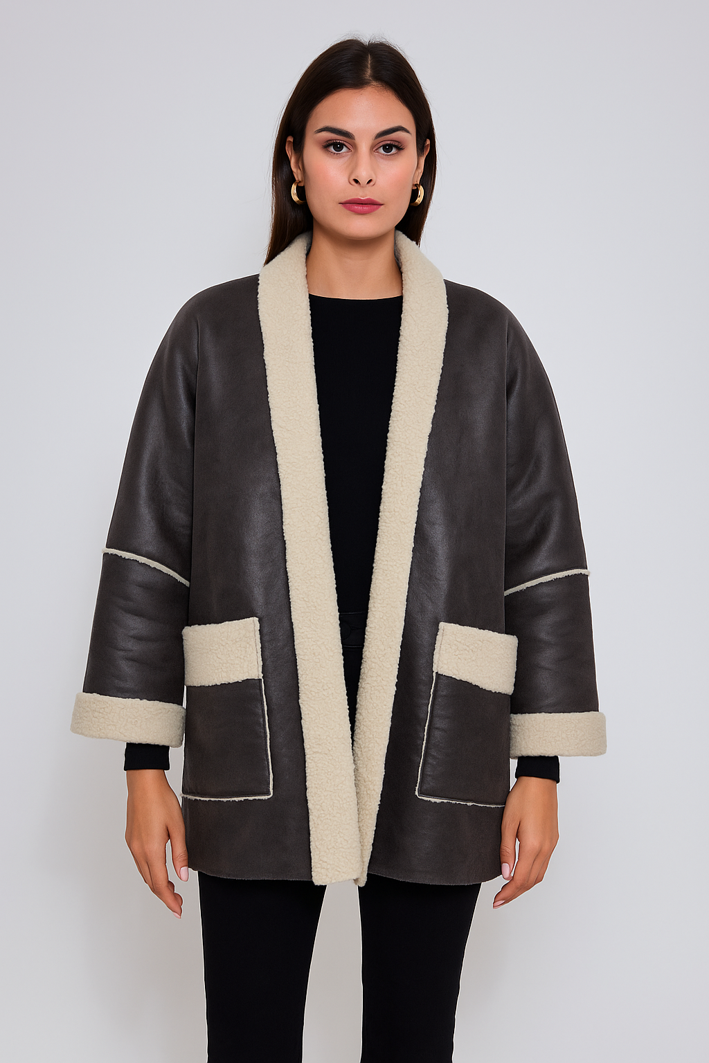 Oversized jas in antraciet kunstsuède met teddyvoering