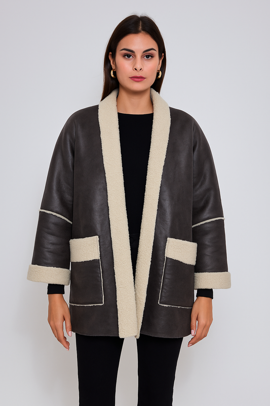 Oversized jas in antraciet kunstsuède met teddyvoering