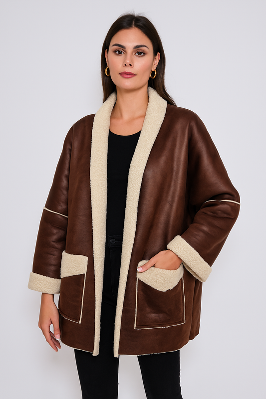 Teddy gevoerde jas in bruin kunstsuède