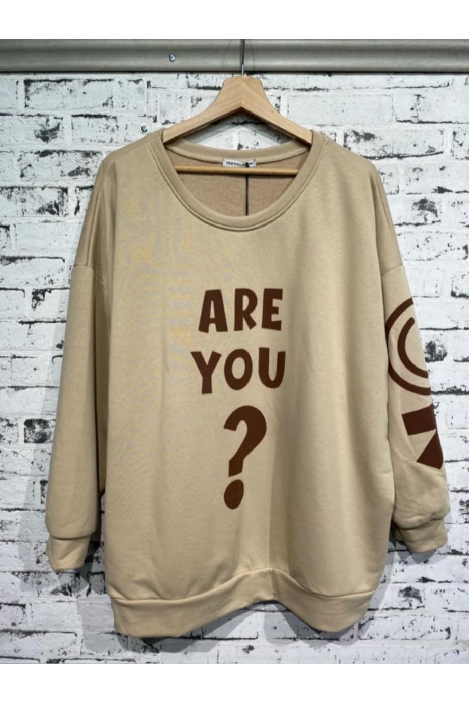 Oversized Beige Pull met Print ARE YOU?