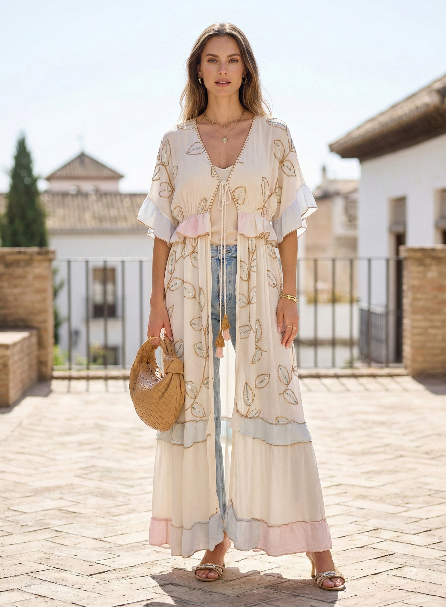 Lange kimono met geborduurde bladeren Lila