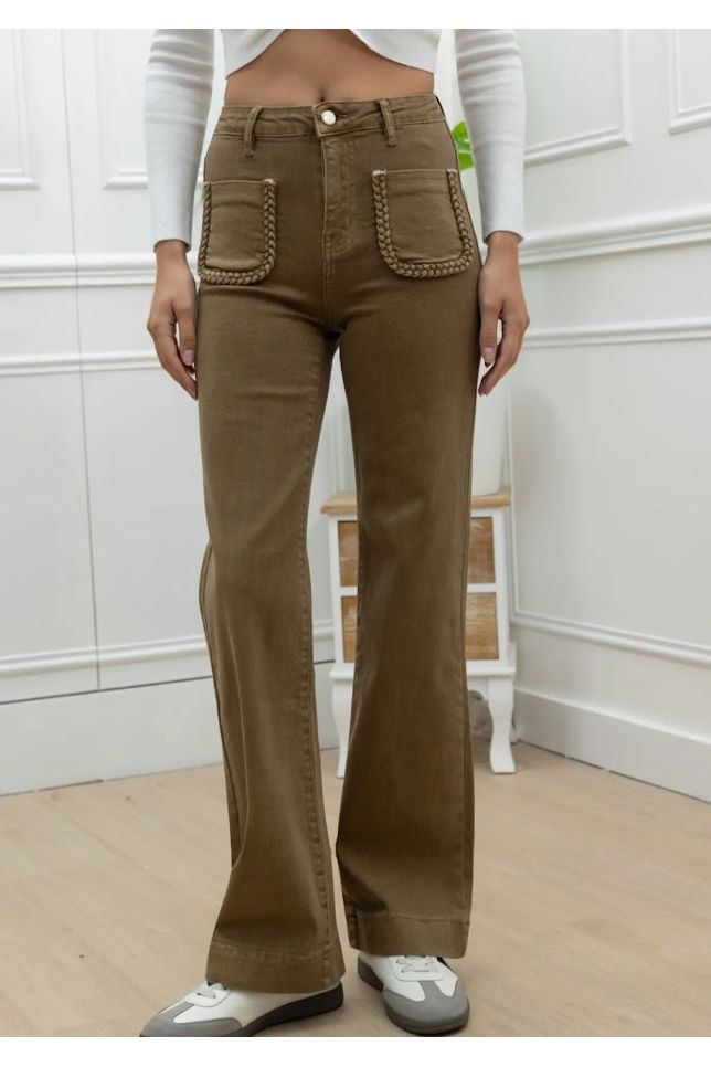 Boho-Jeans met Vlechtpockets – Taupe Vintage