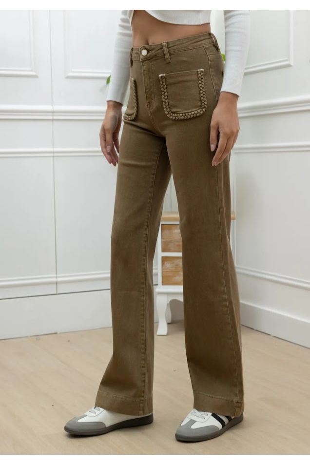 Boho-Jeans met Vlechtpockets – Taupe Vintage