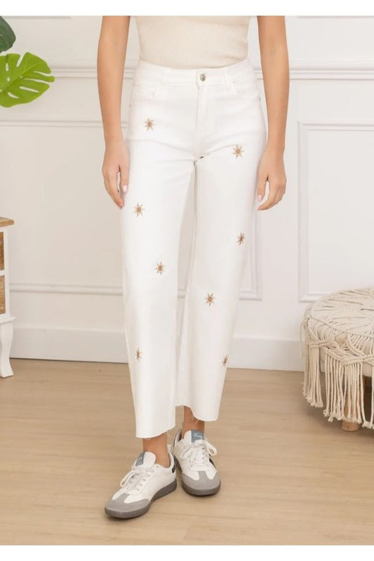 Jeans met geborduurde zonnetjes