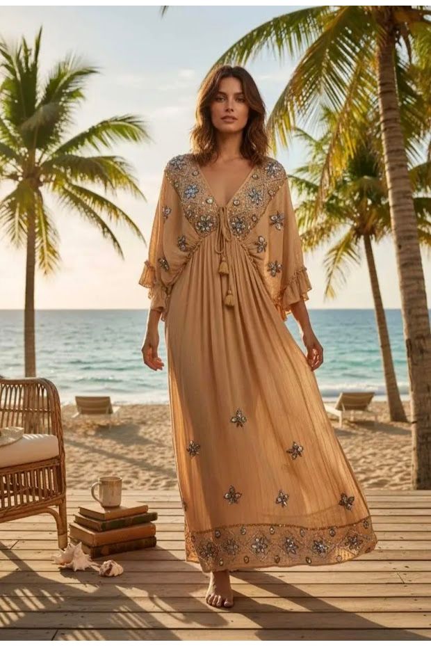 Boho Embroidered Maxi Dress Beige